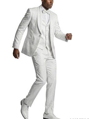White Paisley Shawl Lapel w/ Trim Piping 3 Piece Men's Fashion Suit
